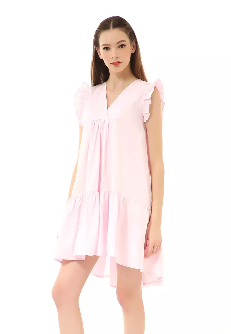Rachel Mini Dress Ruffle Wanita Lengan Pendek Motif Polos Material Cotton ORIGINAL - Soft Pink