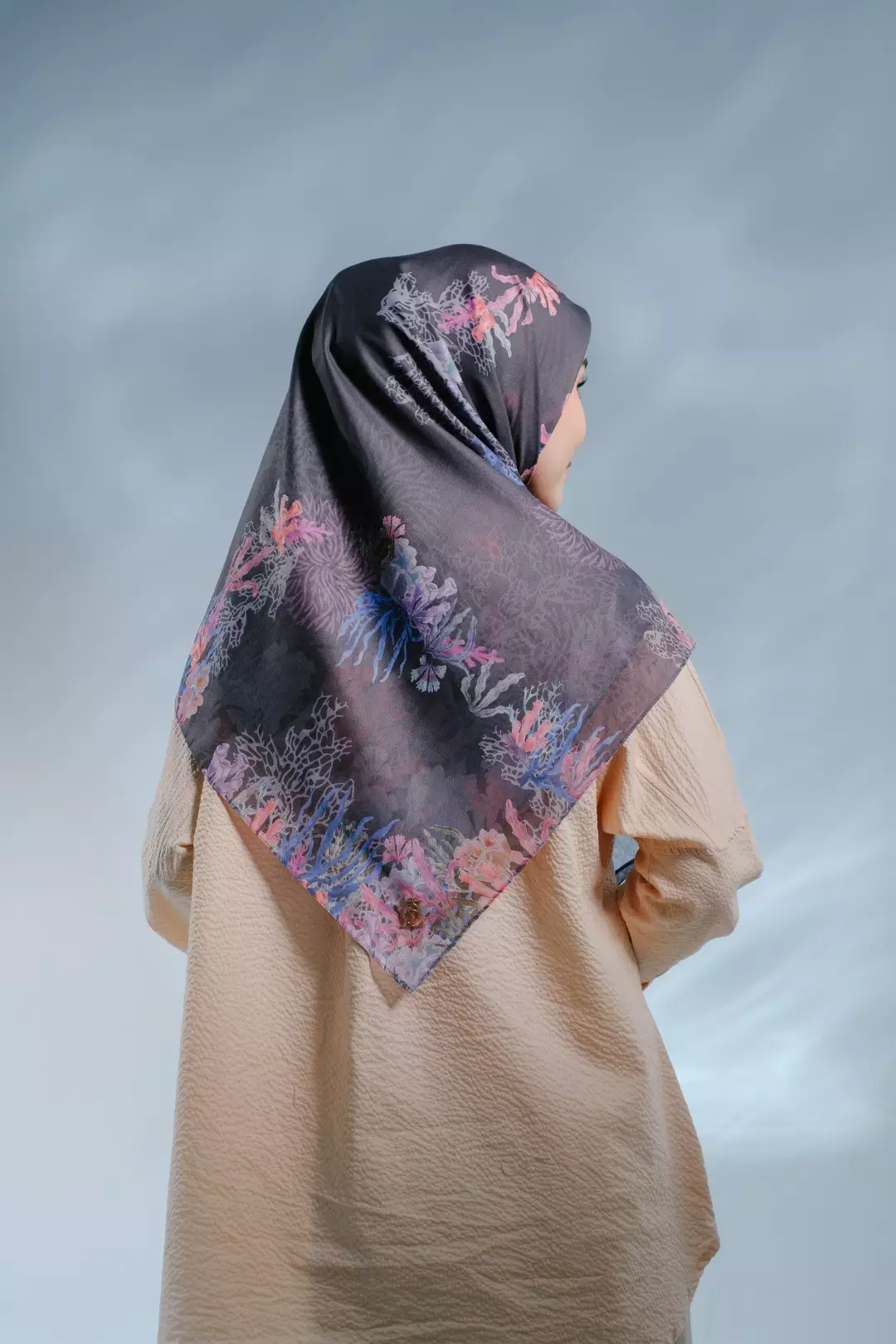 PELAGIA Scarf Black - Kerudung Hijab Segiempat Motif With BOX - Bahan Nesla - Ukuran 115x115