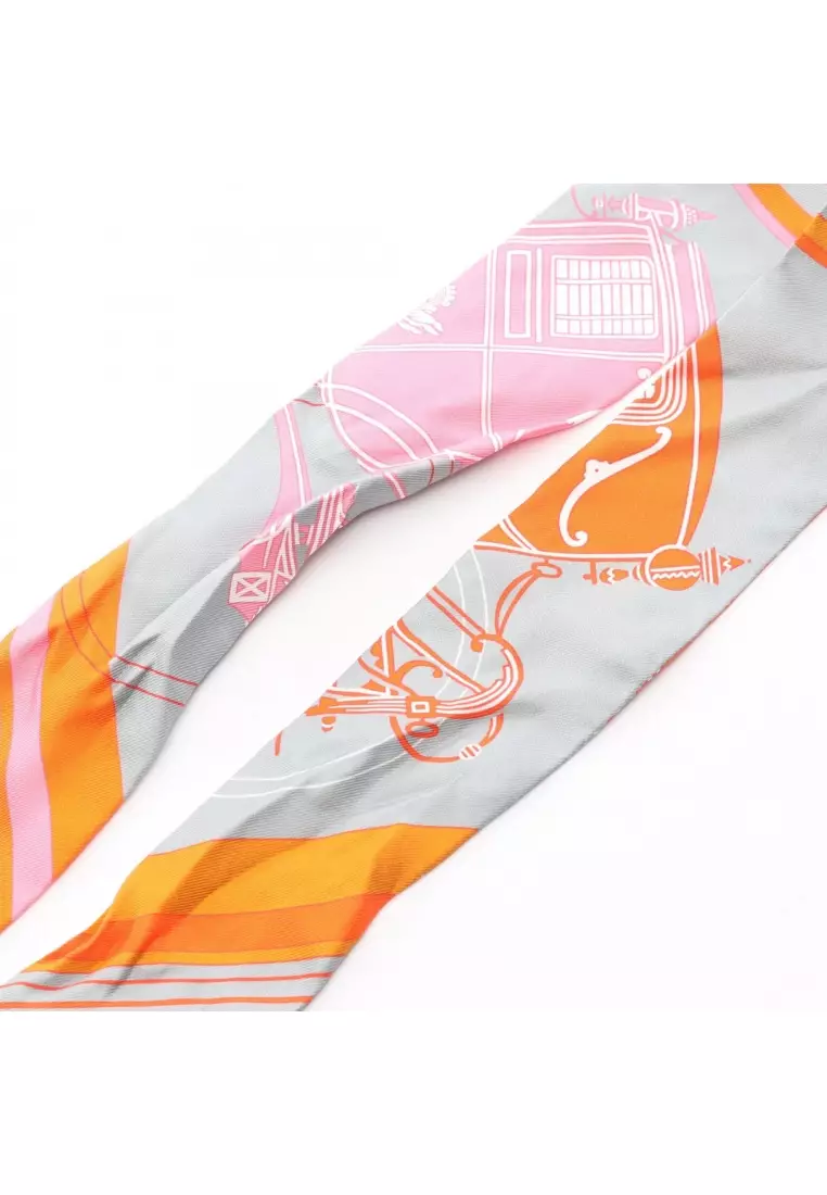Pre-Loved Hermès twilly EX-LIBRIS ribbon scarf silk gray orange pink