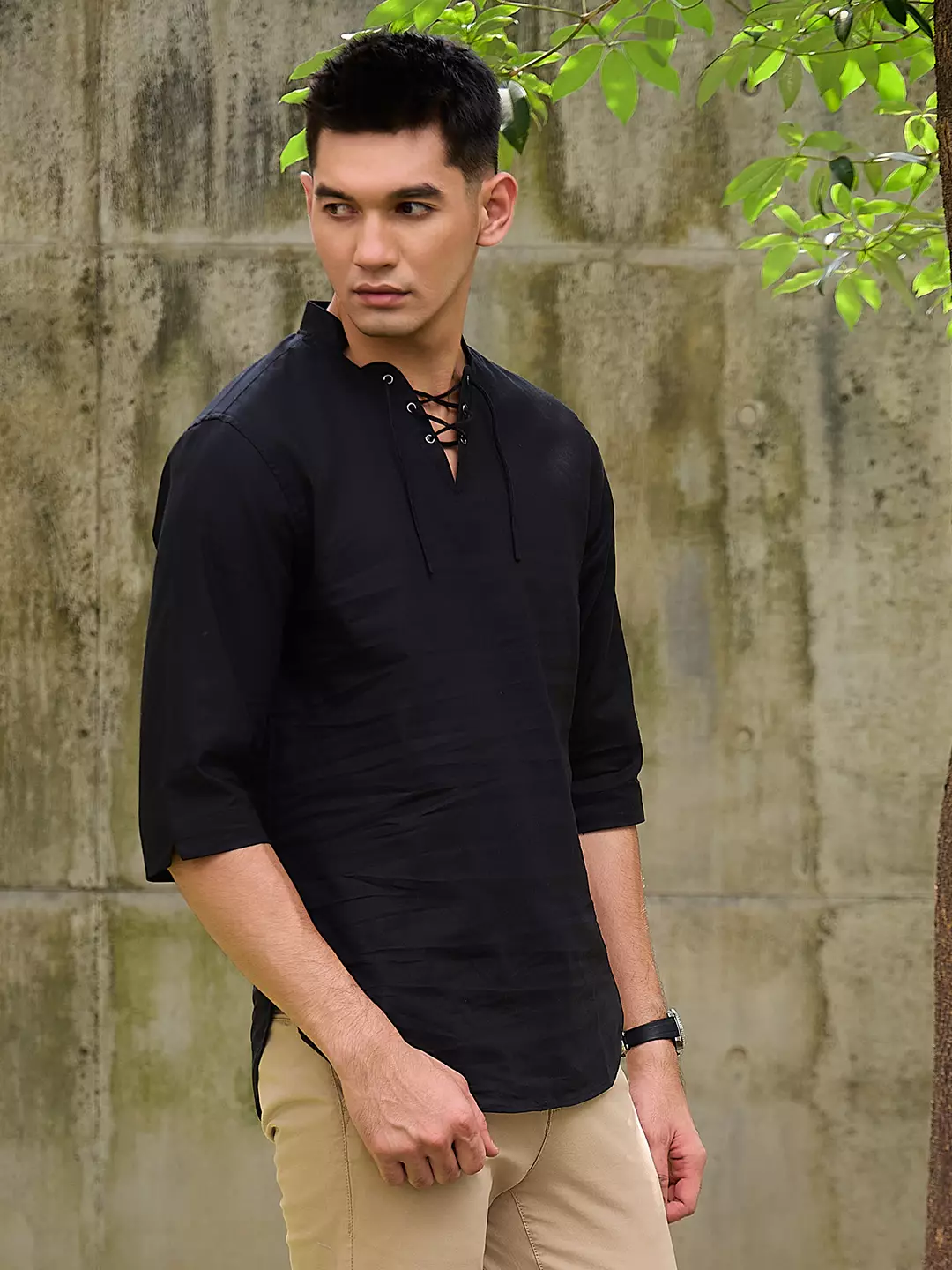 OXCON ZUHUD Kemeja koko Modern Linen Look Collarless Shirt Black