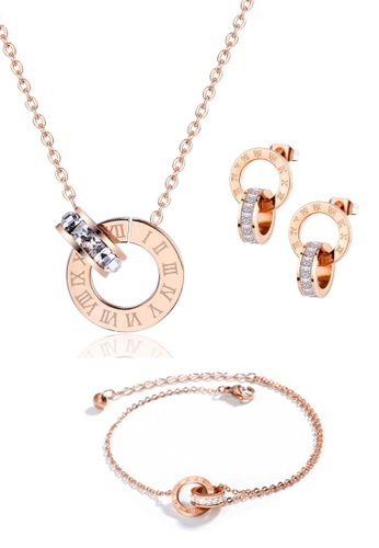 CELOVIS gold CELOVIS - Athena Classic Interlocking Necklace + Bracelet + Earrings Jewellery Set in Rose Gold 7F62BAC78C961FGS_1
