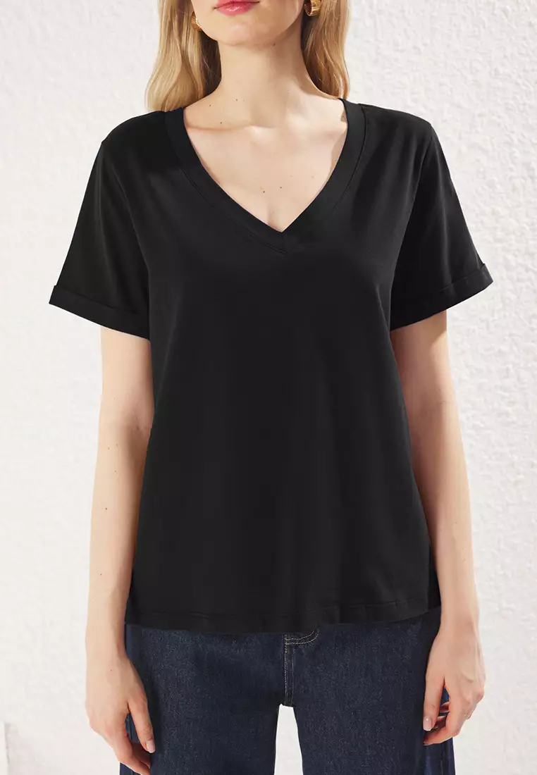 Black V Neck Short Sleeve Regular/Basic Knitted T-Shirt