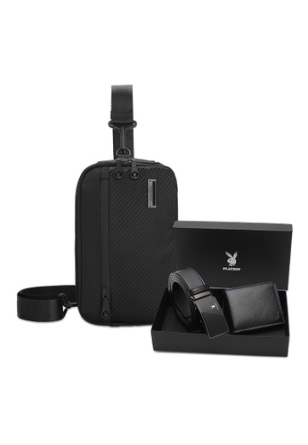 Playboy black Men's Gift Set - Leather Wallet + Leather Belt + Chest Bag / Sling Bag 36EA5AC7B357F4GS_1
