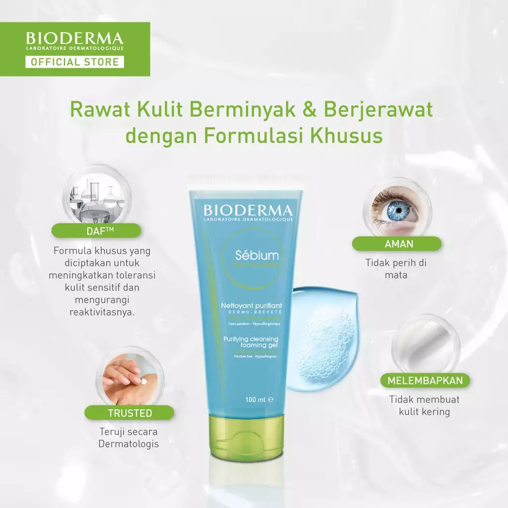 Bioderma Sebium Gel Moussant 100 ml - Facial Wash untuk Kulit Kombinasi / Berminyak / Berjerawat