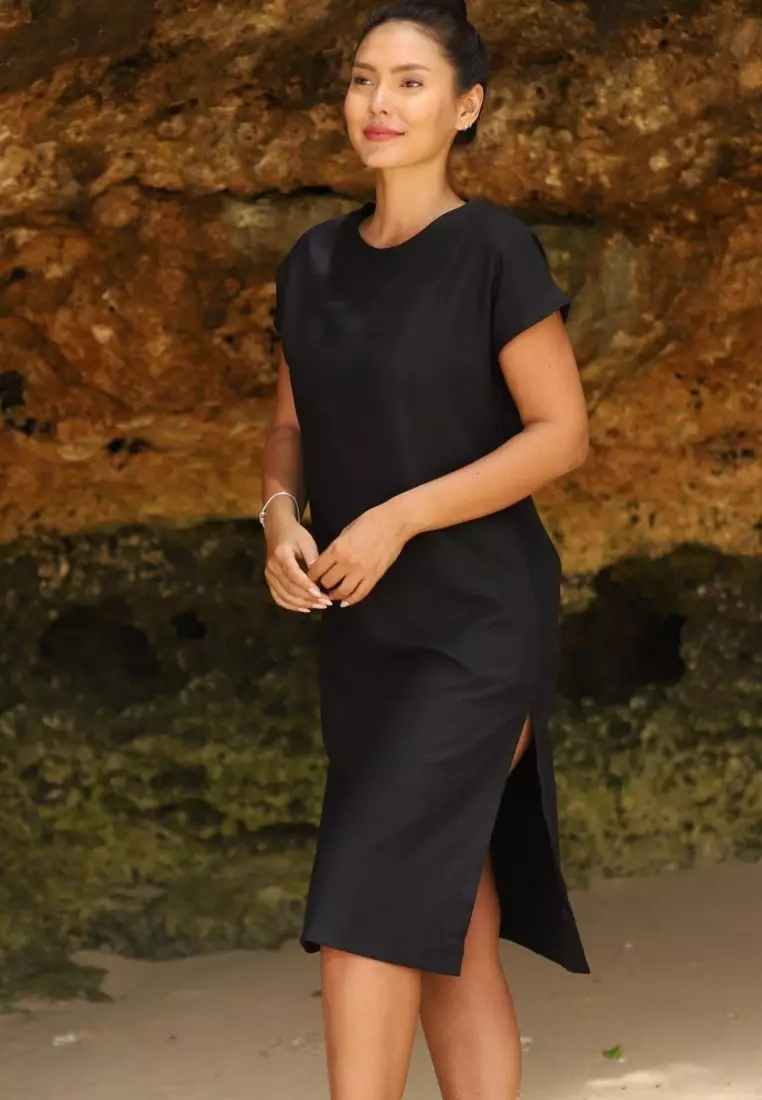 Ureki Dress Linen Wanita Hitam | Linen Dress Women Black