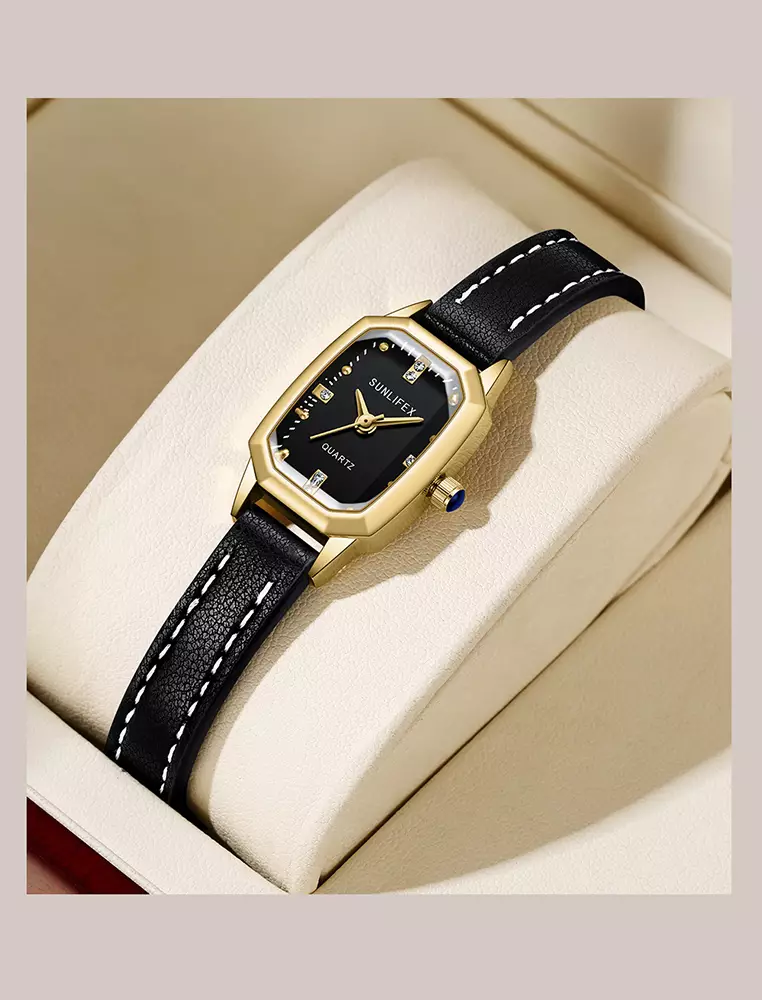 Jam Tangan Wanita Mode Tali Kulit Gaya retro Korea Berlian Jam Tangan Cewek Black