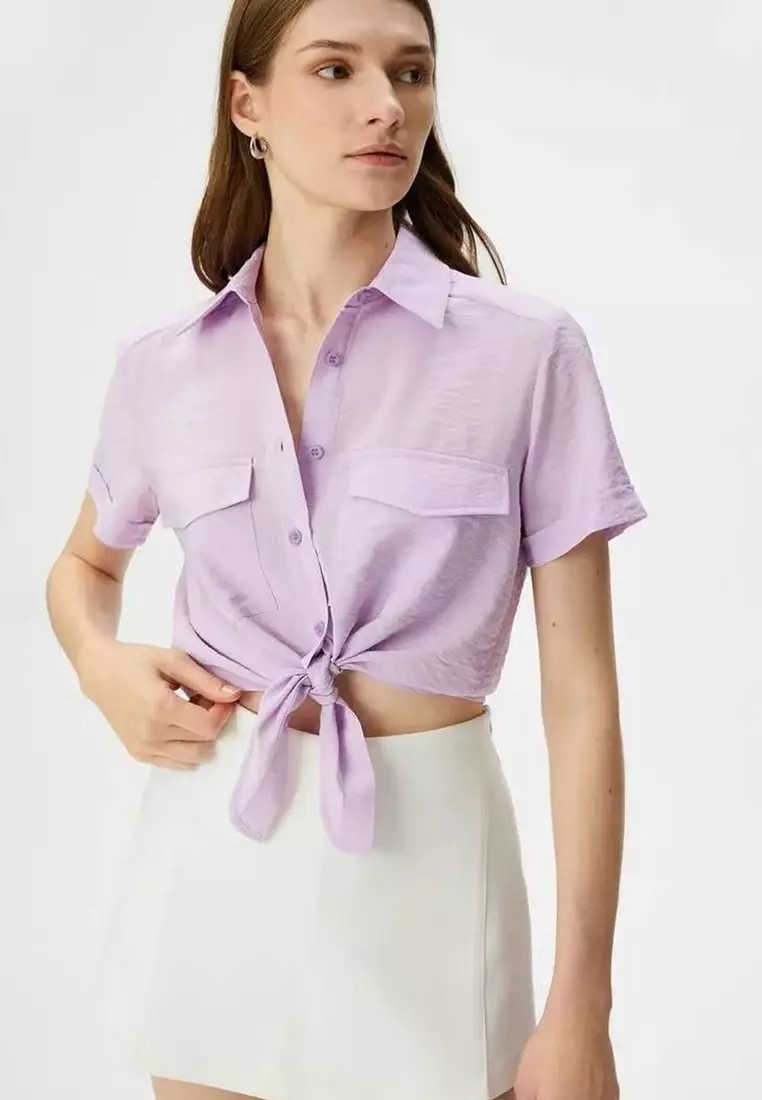 Front Tie Shirt Crop Buttoned Pocket Viscose
