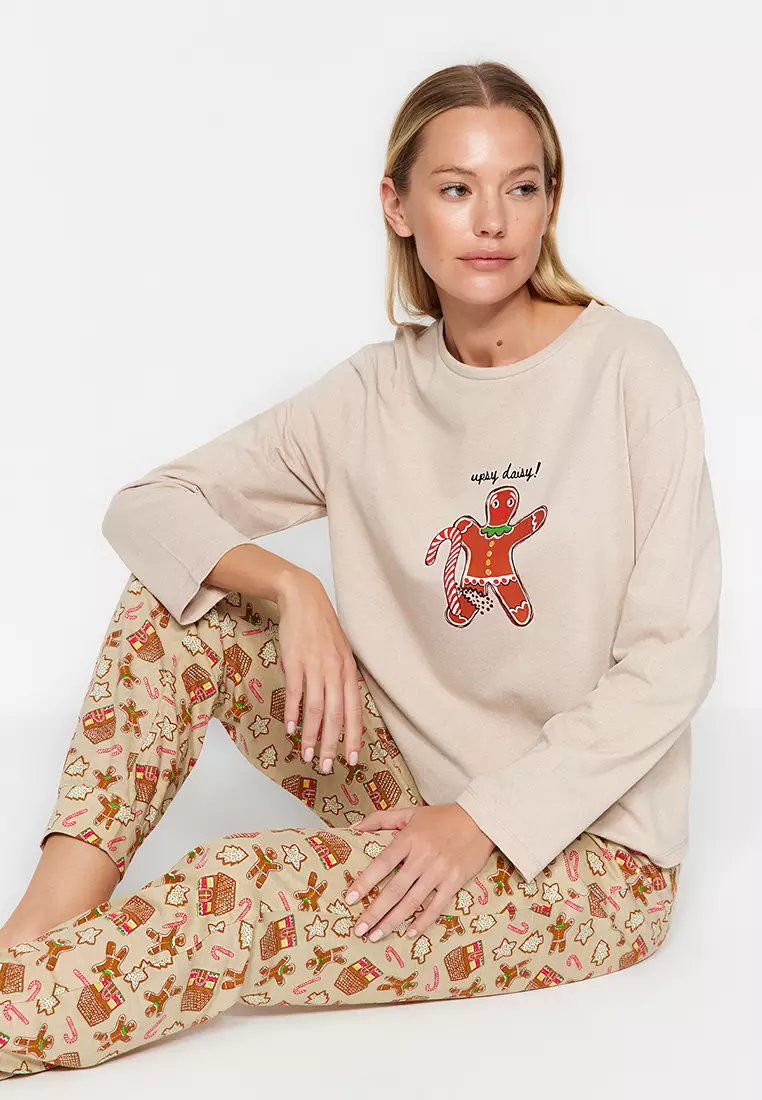 Cream 100% Cotton Christmas Themed Knitted Pajama Set THMAW24PT00061