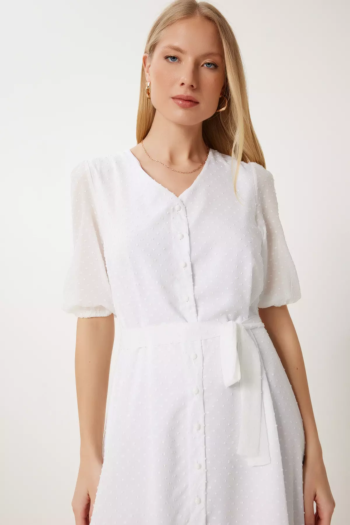 Women's White Polka Dot Textured Midi Woven Dress Nt00439