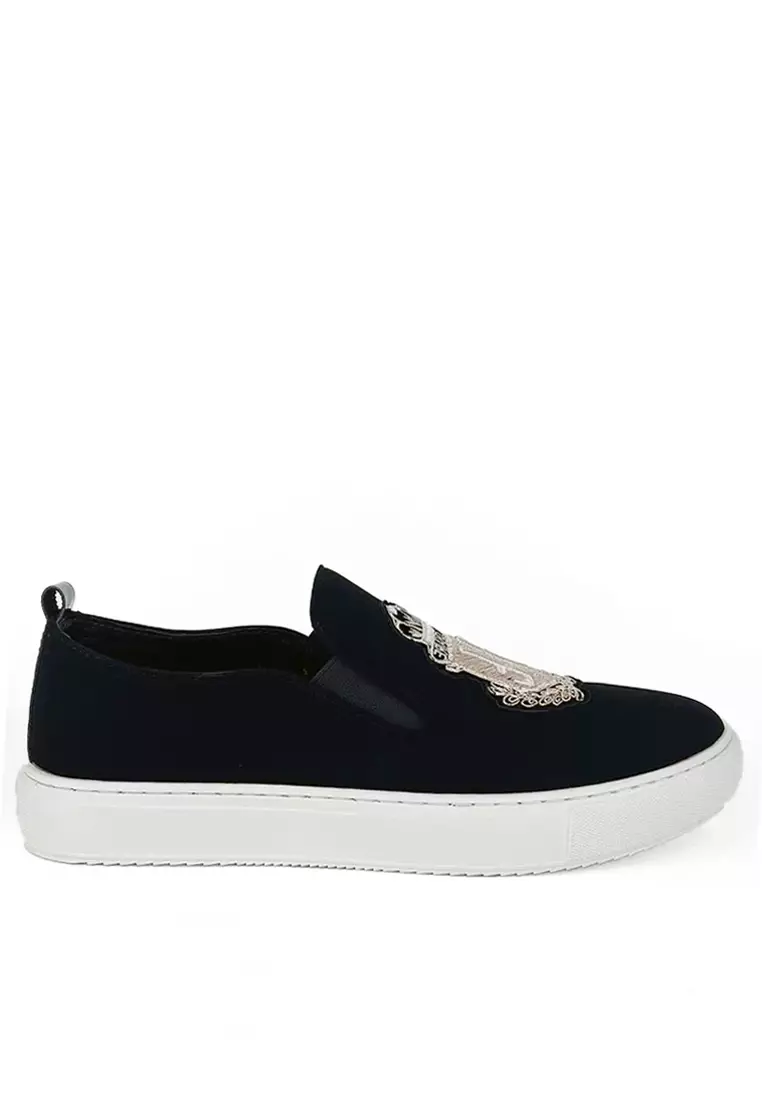 Black faux leather slip on sneakers online