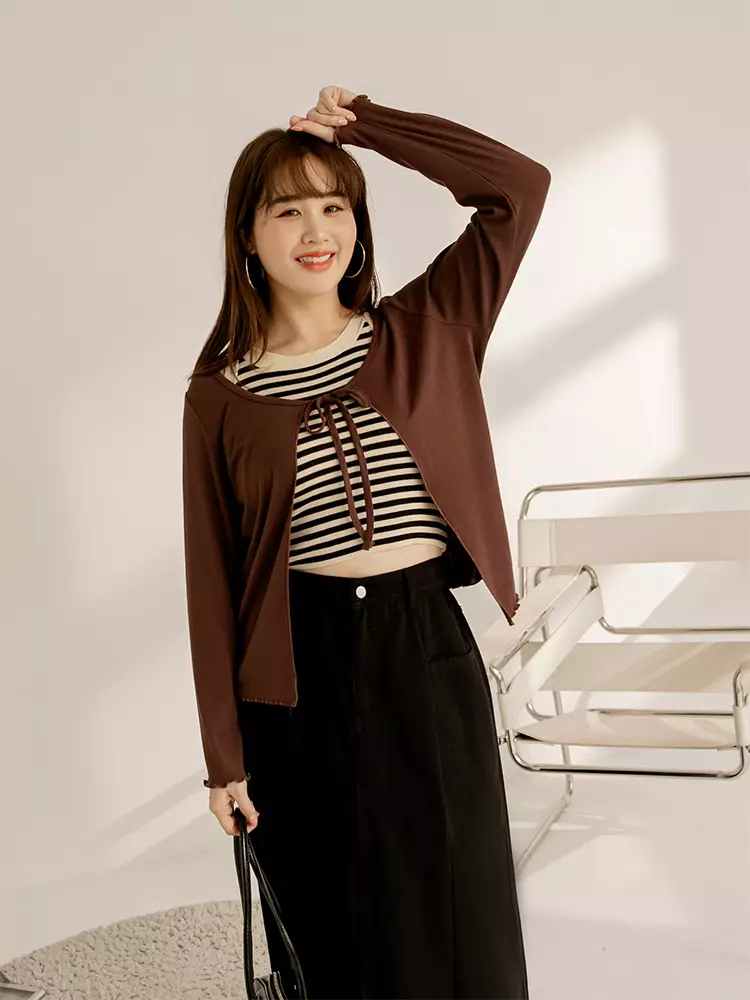 Elastic striped tie-front long-sleeve overlay top [EA3663]