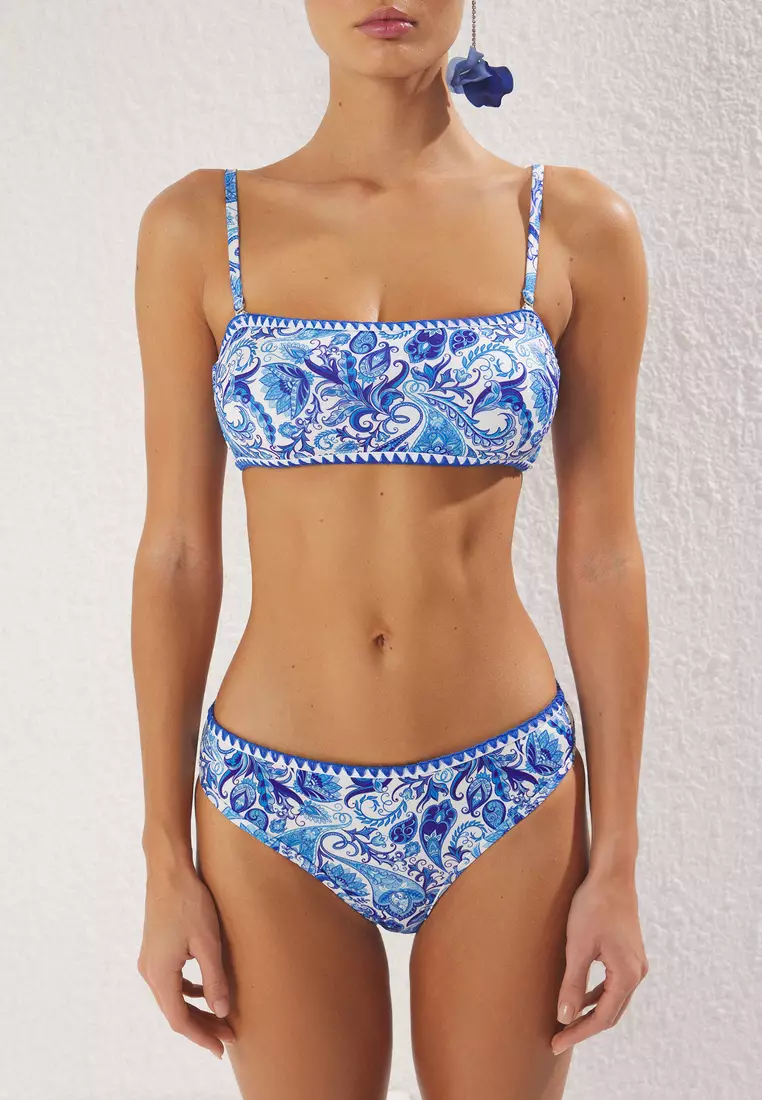 Blue Shawl Patterned Strapless Embroidered Regular Bikini Set