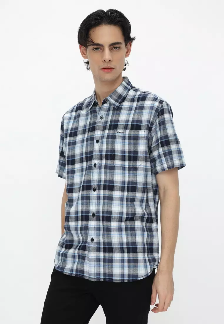 POLICE Kemeja Kotak Cotton Twill Slub Biru Putih Regular Fit Pria