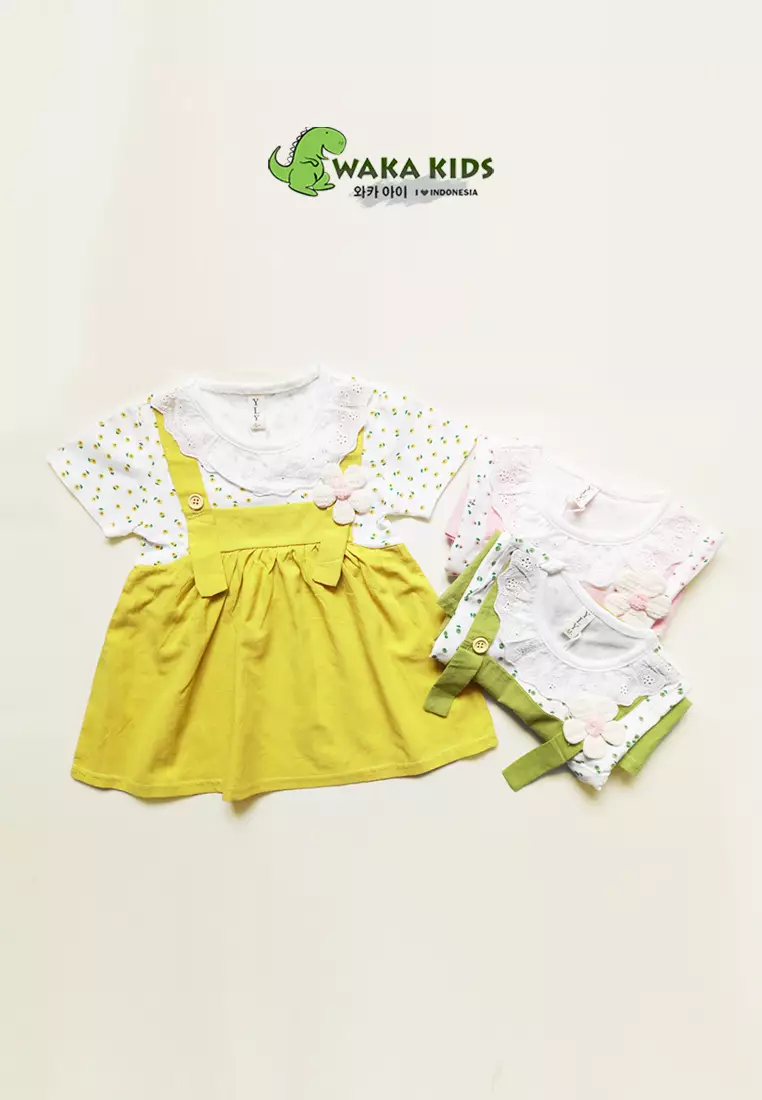 Wakakids Dress Bayi Anak Perempuan Lengan Pendek Katun Flowers Renda 4489 Venrc Akula Hijau