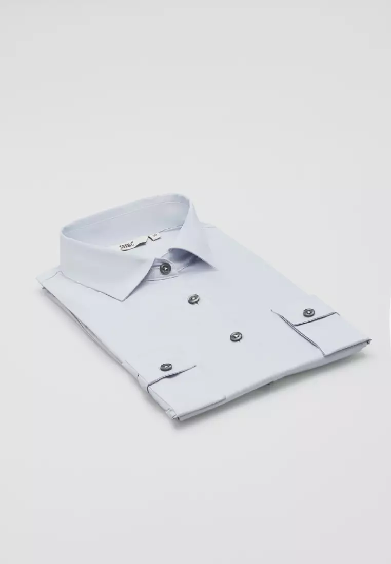 Light Grey Point Collar Slim Fit Shirt