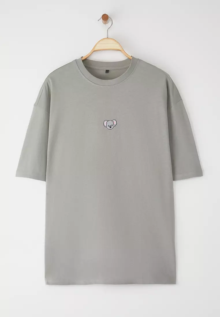 Gray Oversize Koala Embroidered 100% Cotton T-Shirt Tmnss23Ts00243