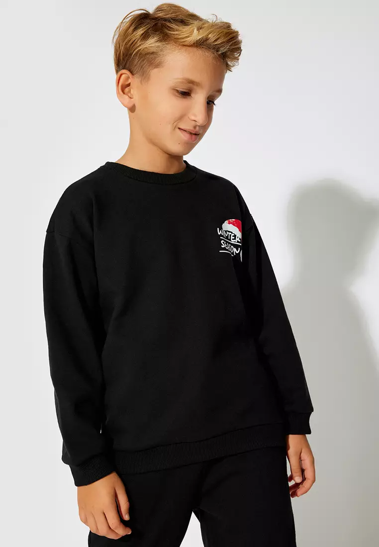 Sweatshirt Christmas Themed Print Detailed Long Sleeve Crew Neck Raised