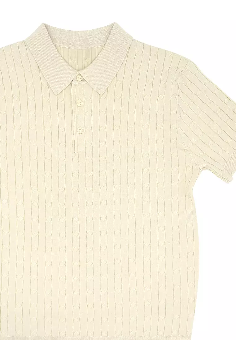 Men's Cable Knit Poloshirt - Light Apricot