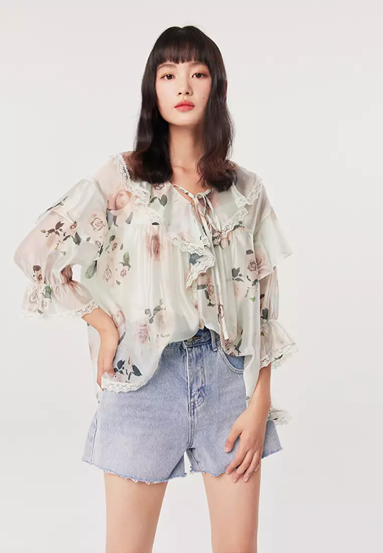 Ruffle Floral Chiffon Top
