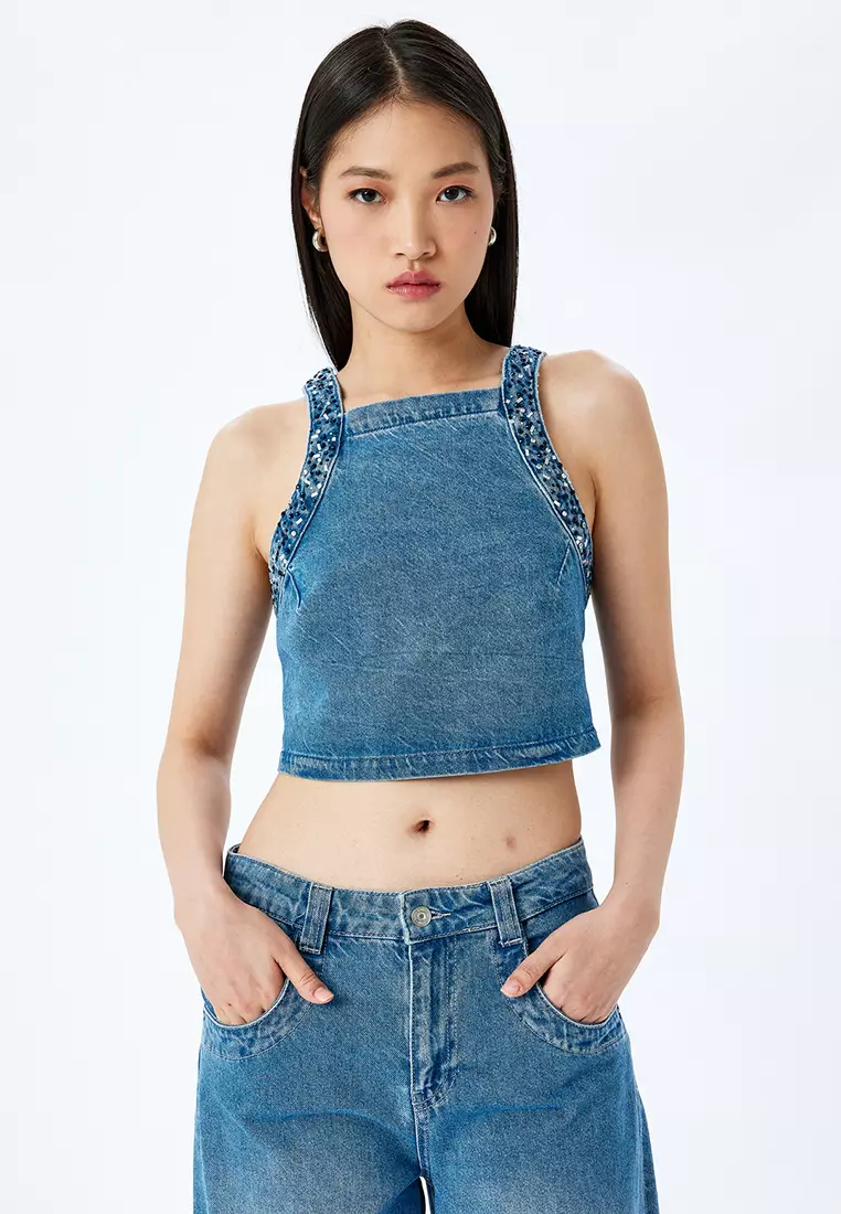 Buy KOTON Stone Detailed Back Lace Up Crop Sleeveless Denim Blouse