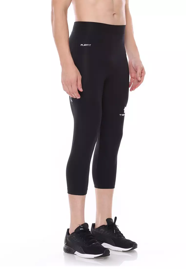 Tiento Man Compression 3/4 Pants Black White Celana Legging Leging Lejing Sebetis Pria Olahraga Lari Sepakbola Renang Fitness Futsal