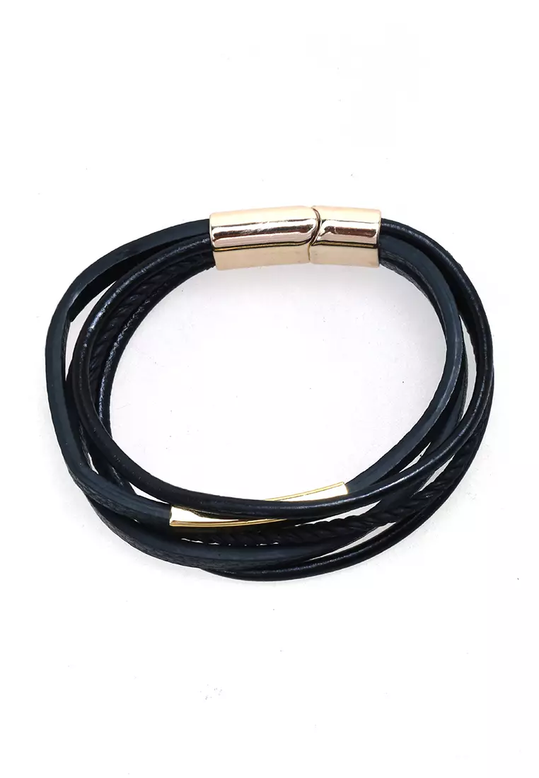 Aleda Gelang Kasual Pria Wanita Aksesoris Fashion Adjustable Desain Mix Kepang Strap Material Leather ORIGINAL - Gold