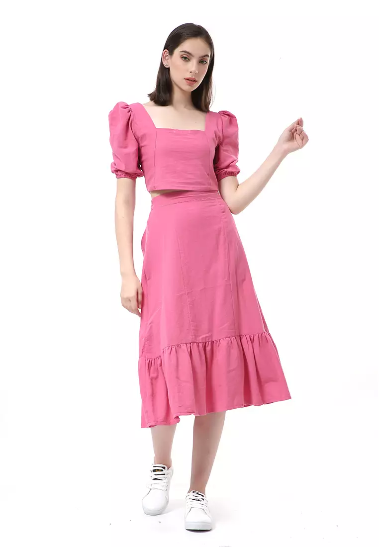 Nayra One Set Setelan Wanita Blouse Ruffle Lengan Pendek Midi Skirt Material Linen ORIGINAL - Fuschia