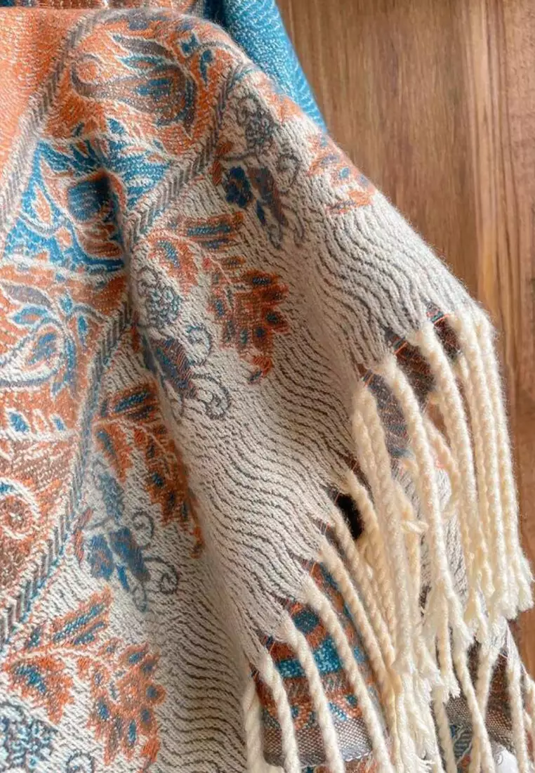 Syal Wanita Reversible Paisley Pattern Cashmere Pashmina Shawl Teal Sand