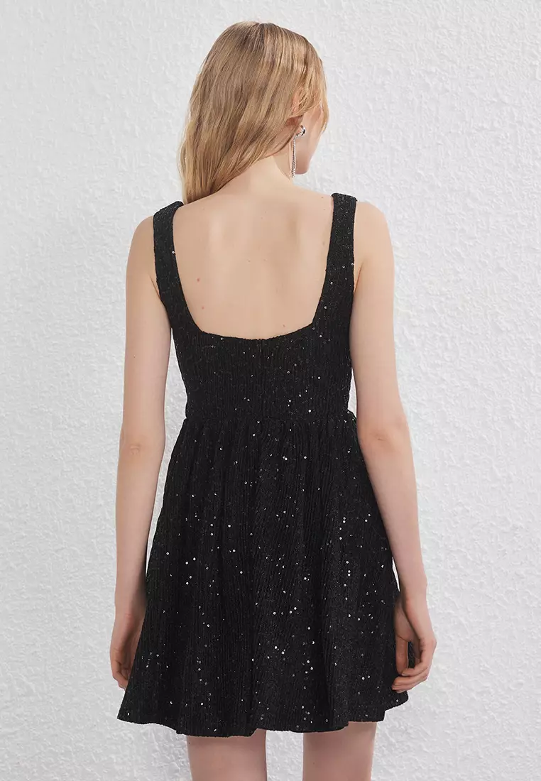 Black Sequin Mini Evening Prom Dress with Open Waist Skirt TPRSS25EL00286