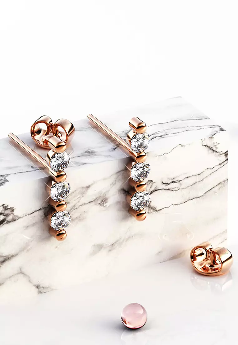 Triple Zircon Cluster Stud Earrings In Rose Gold