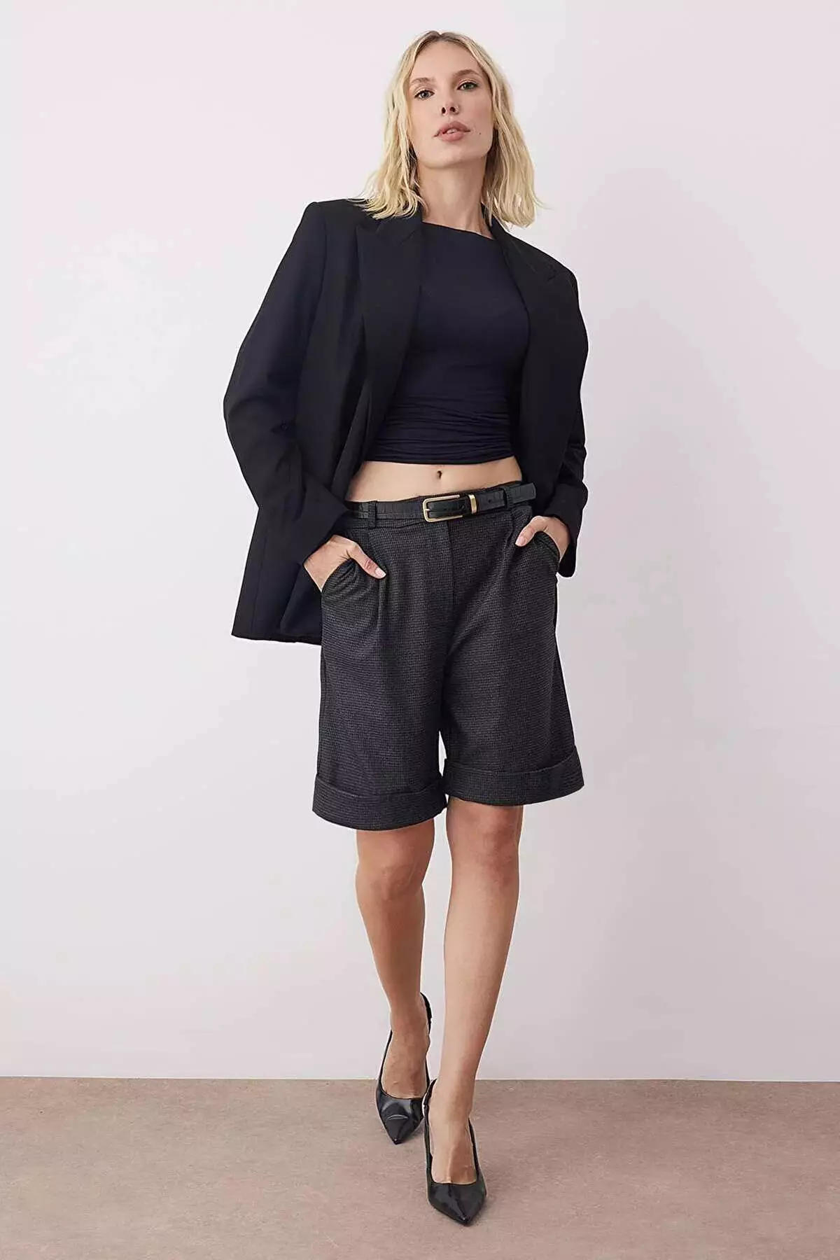 Anthracite Mini Houndstooth Patterned Double Leg Fabric Shorts & Bermuda