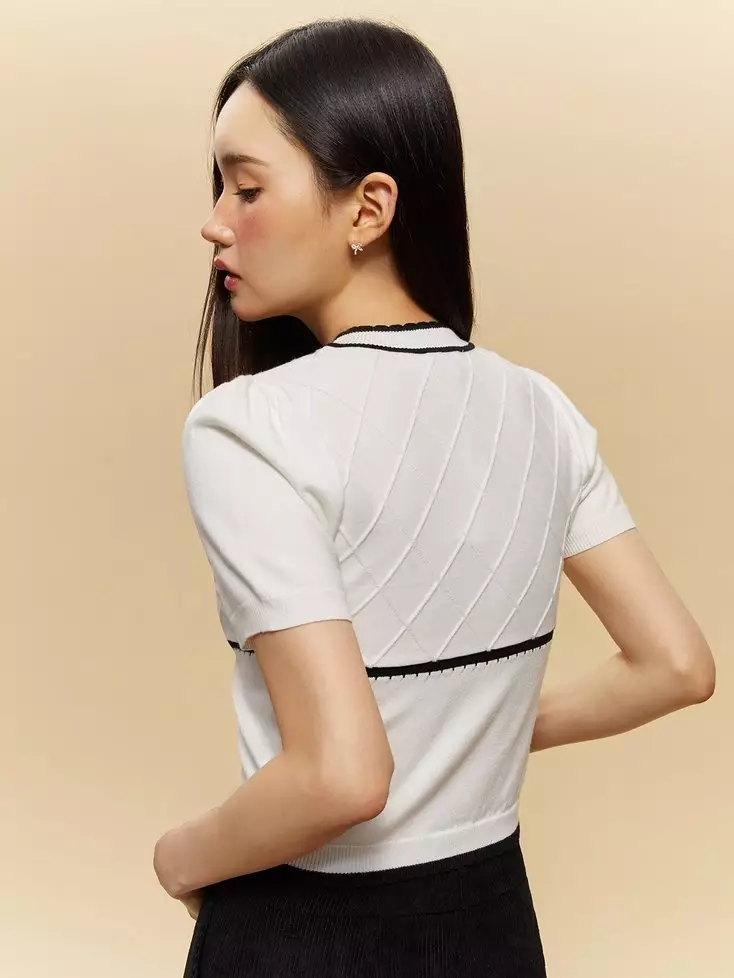 Contrast Trim Argyle Pattern Knitted Crop Top with Bow Detail -