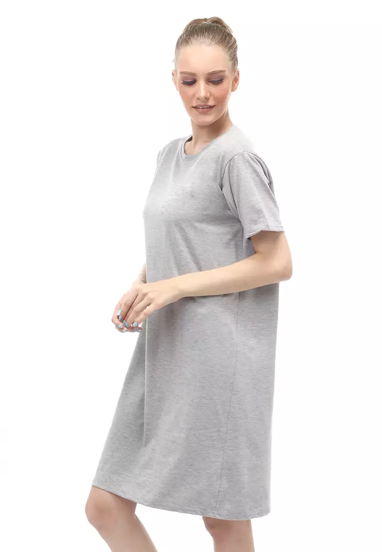 Finch Midi Dress Wanita Short Sleeves Motif Polos - Abu
