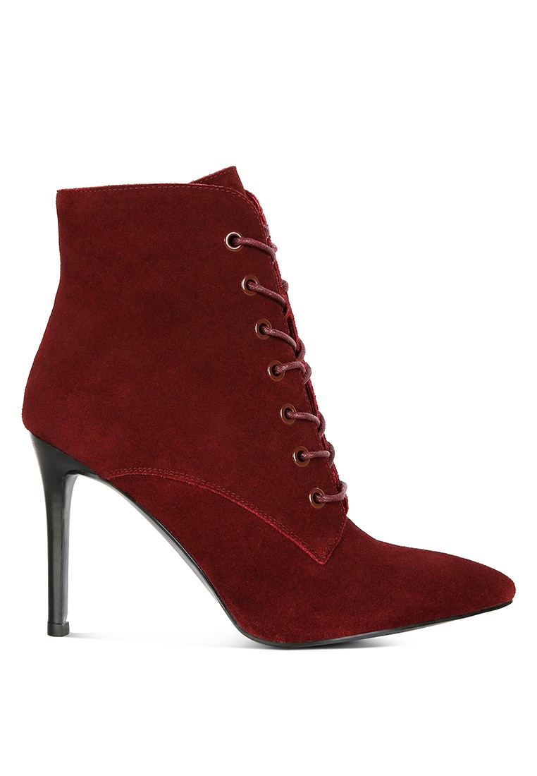 Burgundy Suede Leather High Heeled Ankle Boot