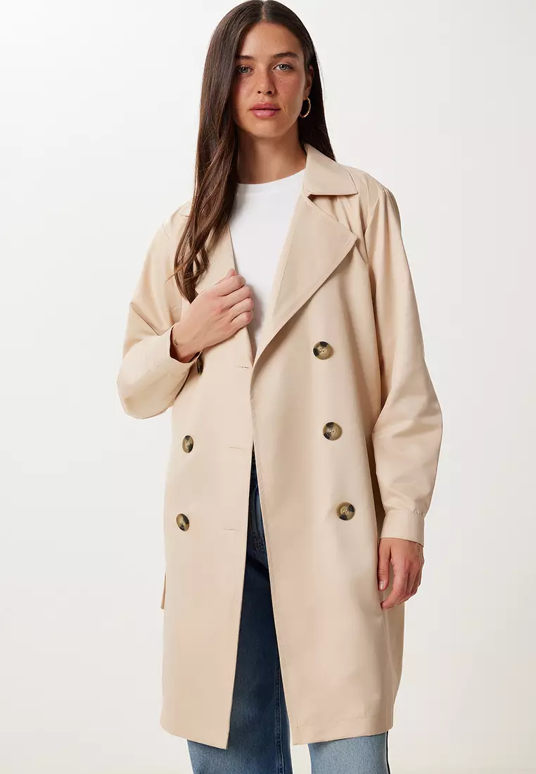 Women's Cream Double Breasted Collar Belted Seasonal Trench Coat Dd01374