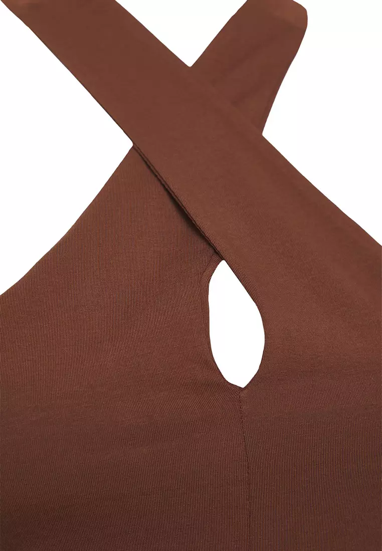 Brown Single Jersey Neck Knitting Plus Size Blouse TBBSS25AF00009