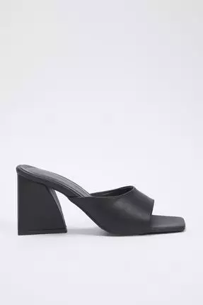 Black Asymmetric Block Heeled Thick Banded Square Toe Women's Heeled  Slippers Takss25To00009