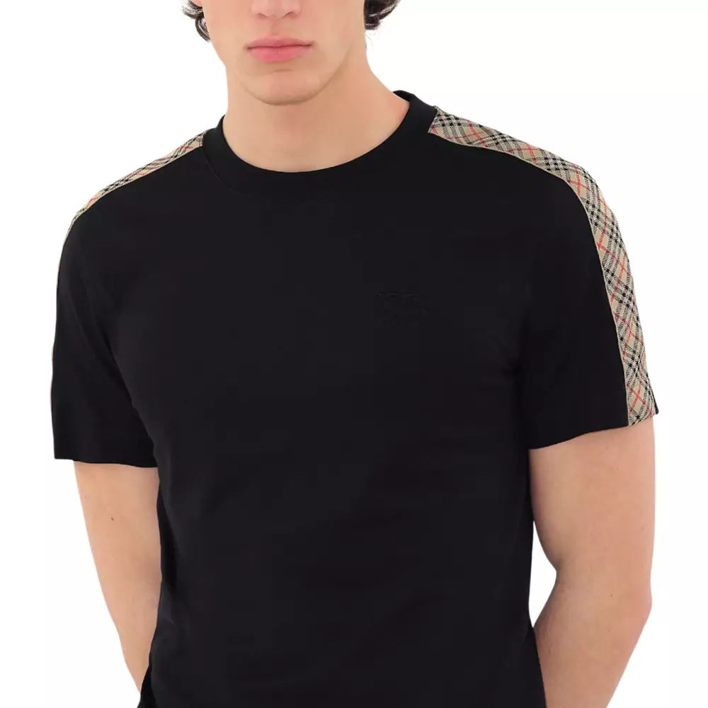 Check Trim Cotton T-Shirt Black