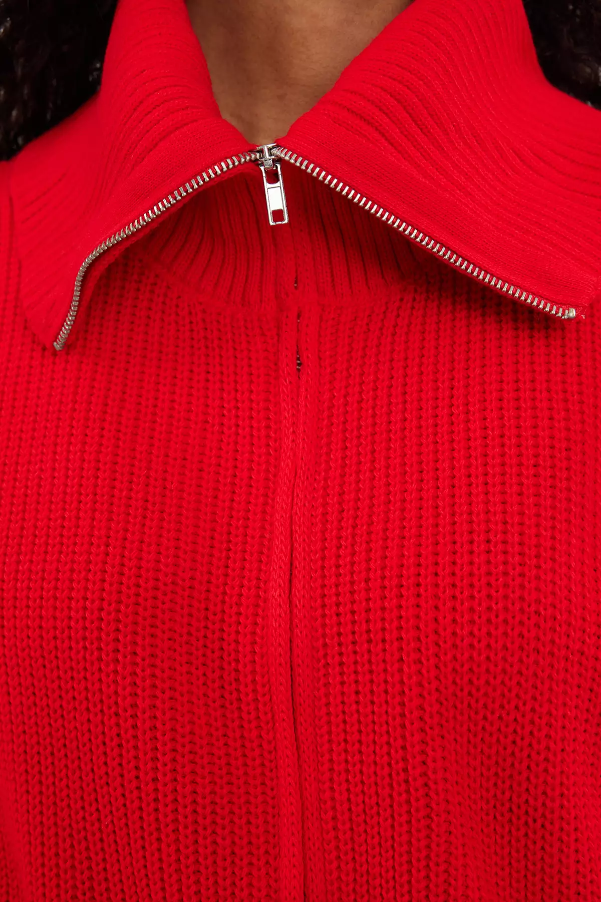 紅色闊身格仔翻領拉鍊針織外套 TWOAW24HI00072