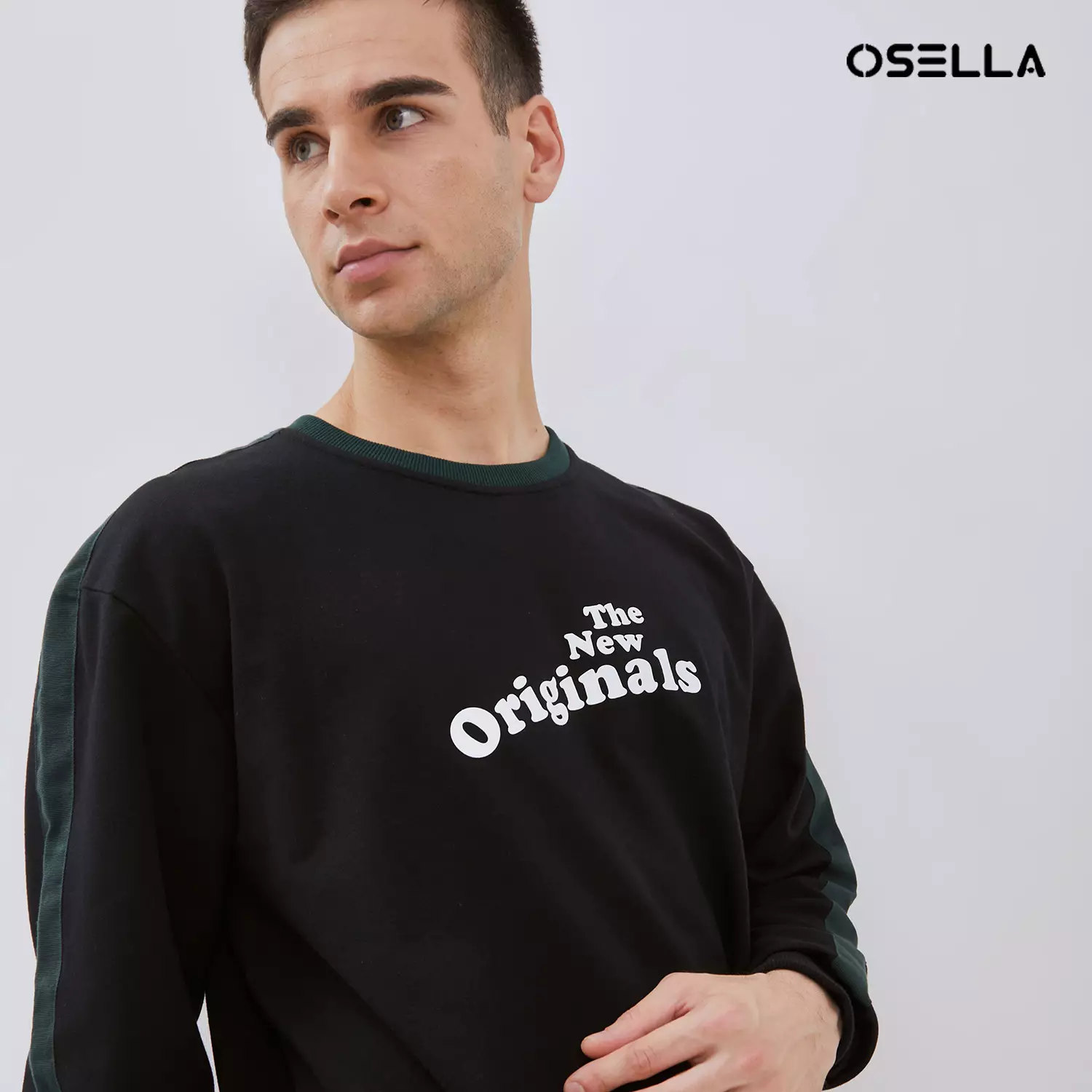 [NEW] Osella Printed Sweatshirt With Dark Green Combination In Black 2011400843 | Sweater Pria Lengan Panjang