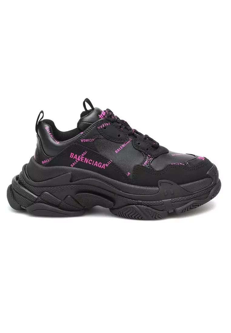 Discount on Balenciaga  shoes - SKU: Balenciaga Allover Logo Triple S Women's Sneakers In Black/Pink