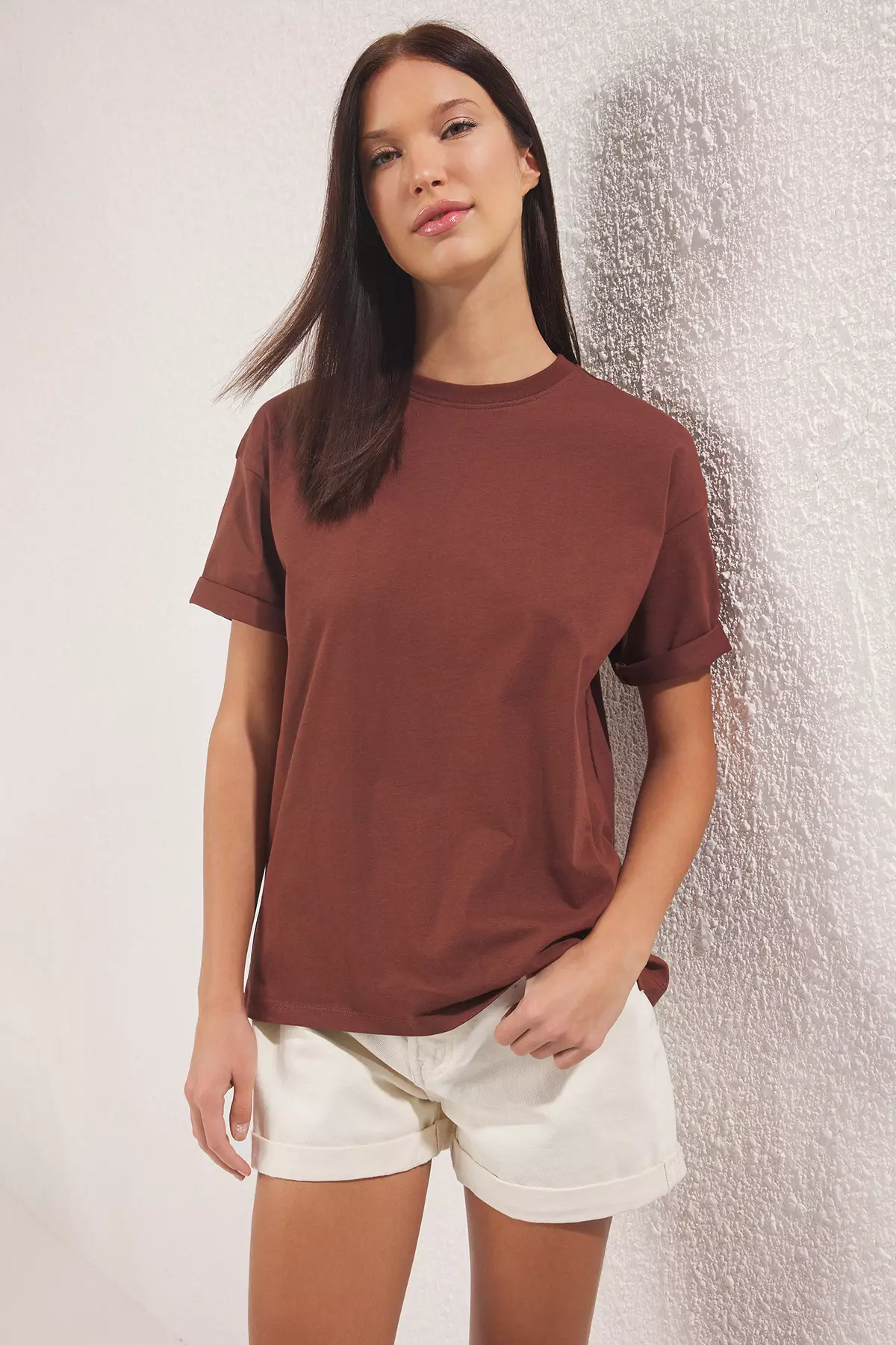 Brown 100% Cotton Premium Oversize/Wide Pattern Crew Neck Knitted T-Shirt TWOSS23TS00040