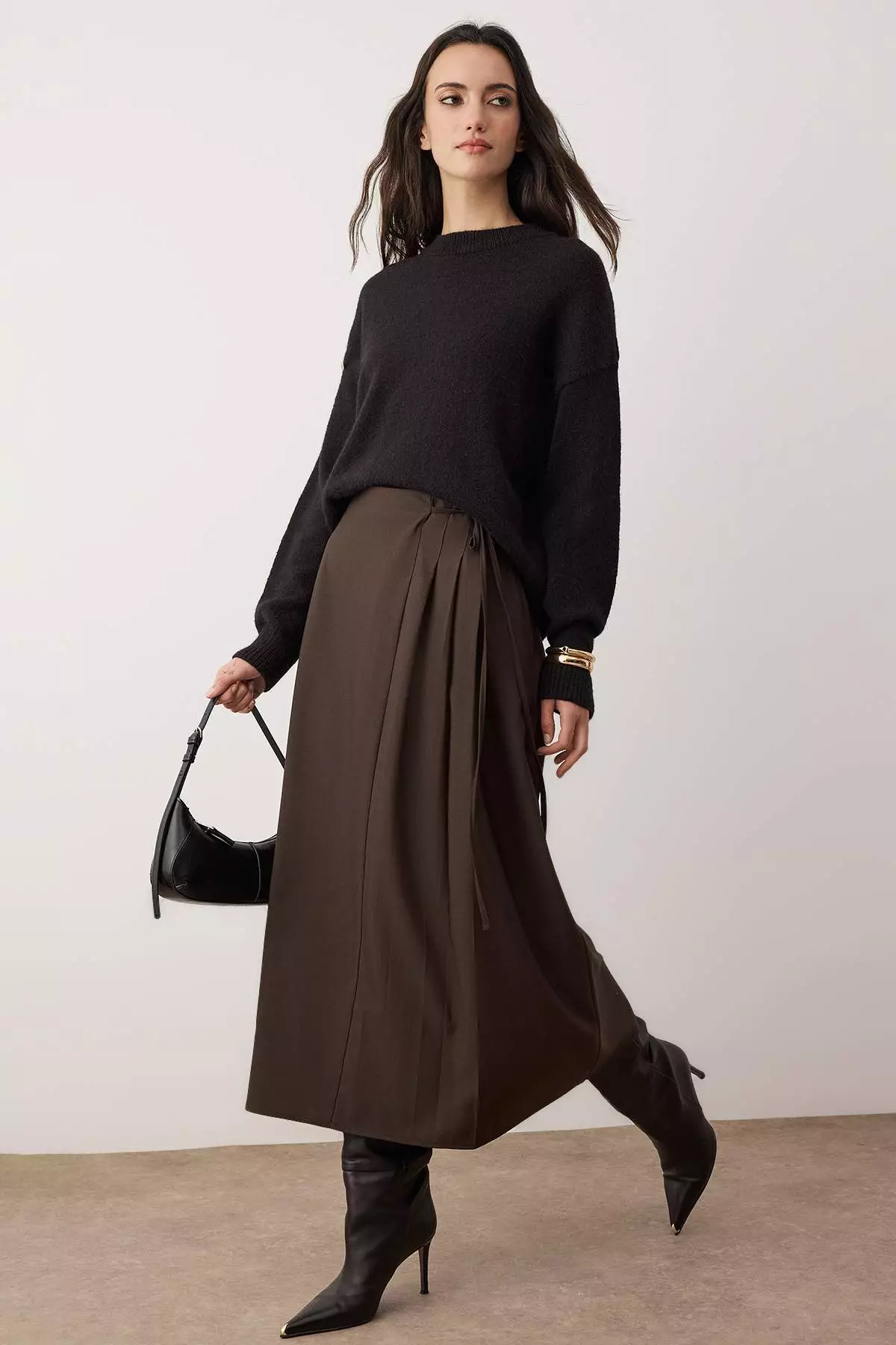 Brown A-Line Unlined Plain Woven Hijab Skirt Tctaw25Ee00007
