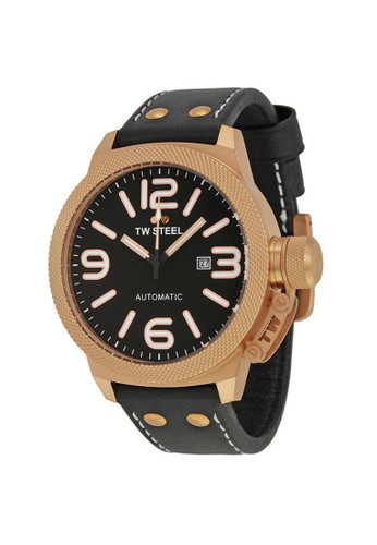 Canteen case Automatic 3 hands date - Black dial Rose Gold plated case Black leather strap