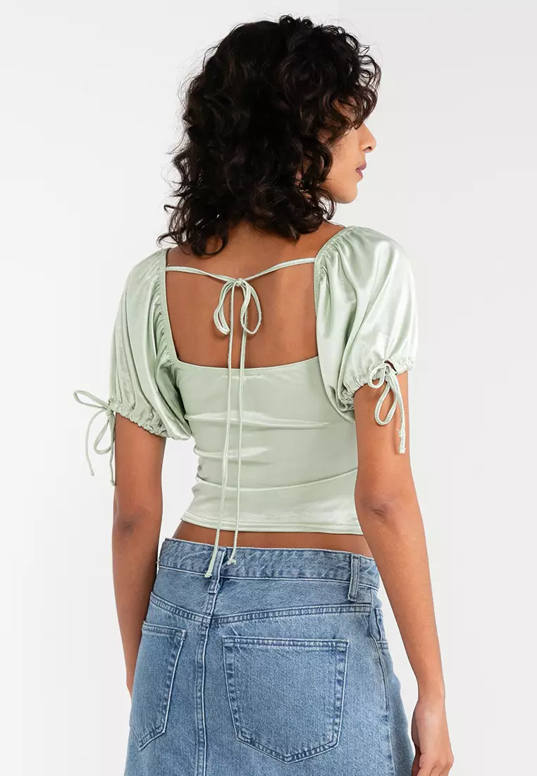 Puff Sleeve Satin Ruched Front Top