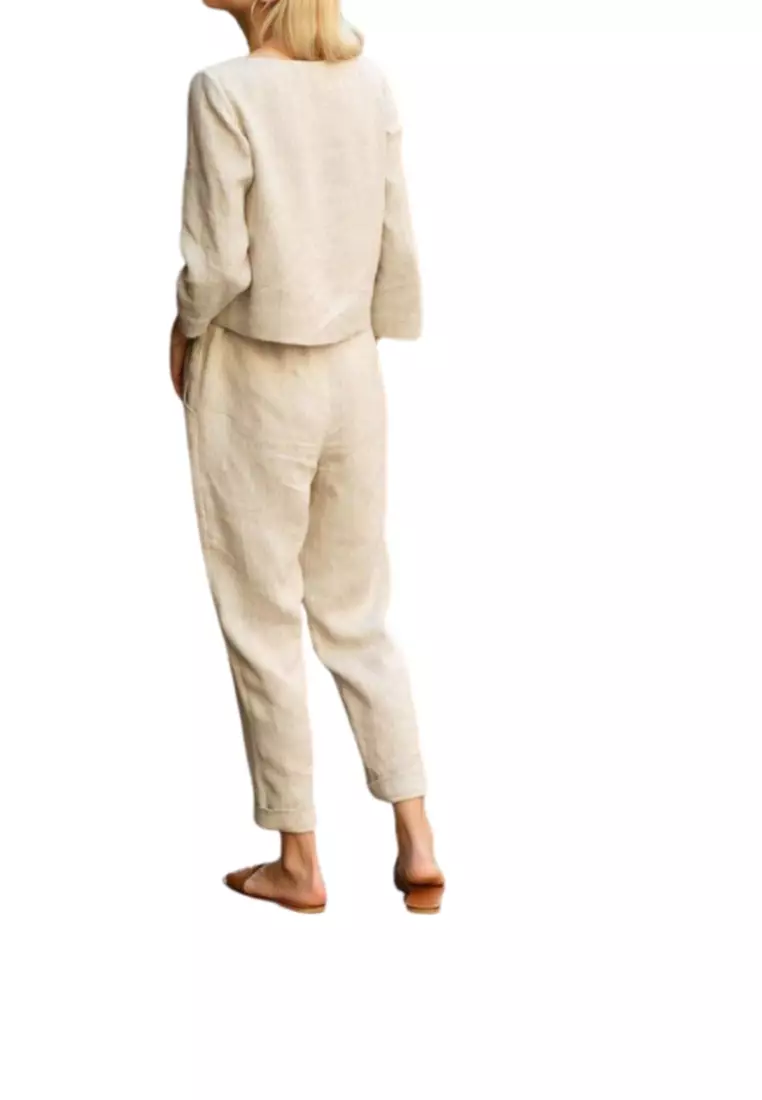 Buy ZITIQUE Solid Color Casual Two Piece Elastic Waist Tie Linen