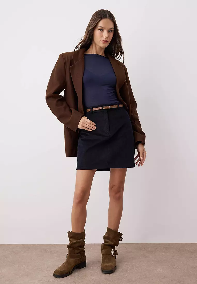 Belted A-Line/Flare Woven Corduroy Mini Skirt