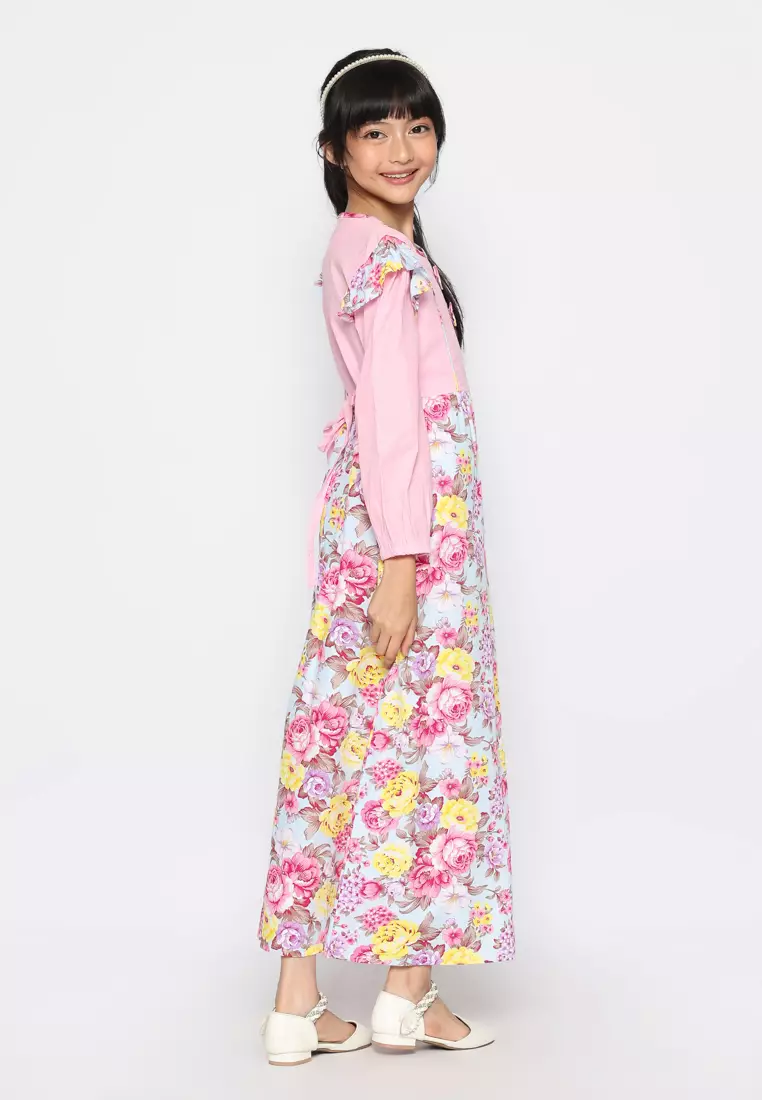Baju Gamis Anak Perempuan Bunga 2 Pita Pink With Model - BLESS