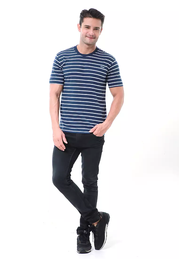 Aisley Kaos Pria Lengan Pendek Sweatshirt Kasual Stripe Motive Material Cotton ORIGINAL - Navy
