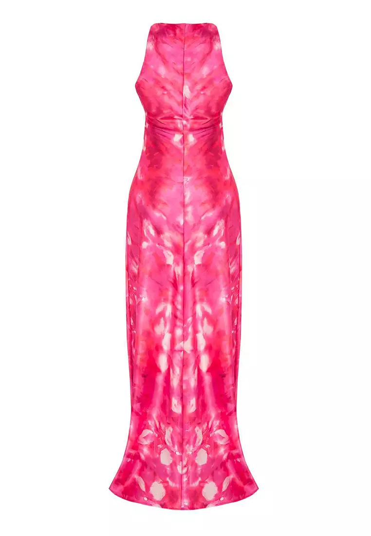 Multi-Colored Fitted Satin Woven Maxi Evening Prom Dress